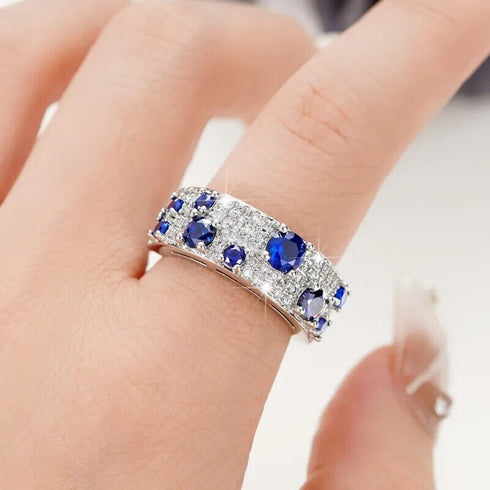 Classic Micro Pave Blue Cubic Zirconia 14K White Gold Plated Ring for Women